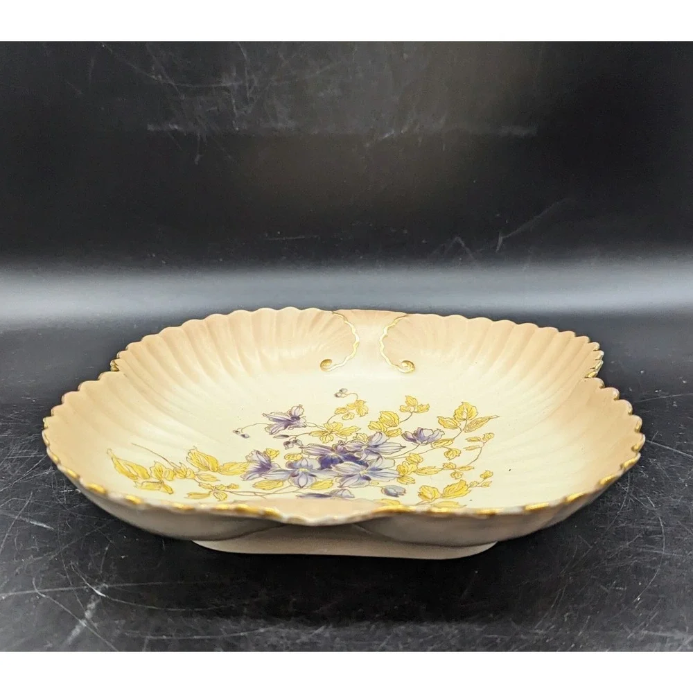 Antique‎ Fluted Porcelain Square Nut Candy Dish Purple Flower Violet 9
